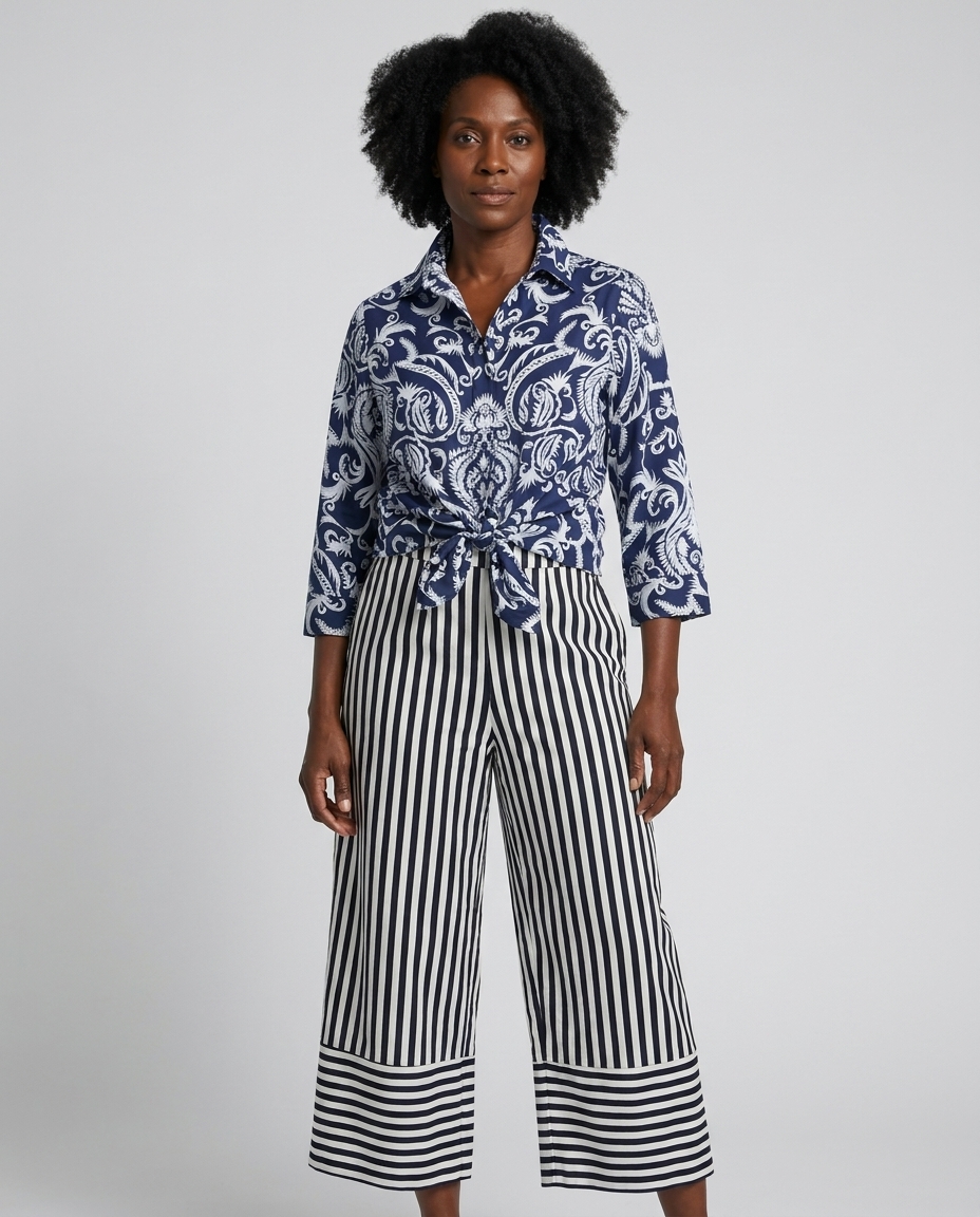 Patterned Blouse & Striped Pants Set